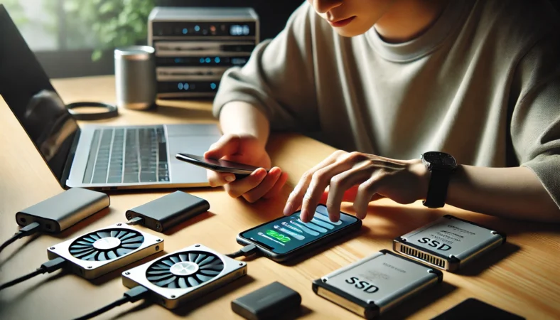 室内のデスクで日本人ユーザーがiPhoneからポータブルSSDへデータをバックアップしている様子。モバイルバッテリーも併用し、復旧体制が整った作業環境。