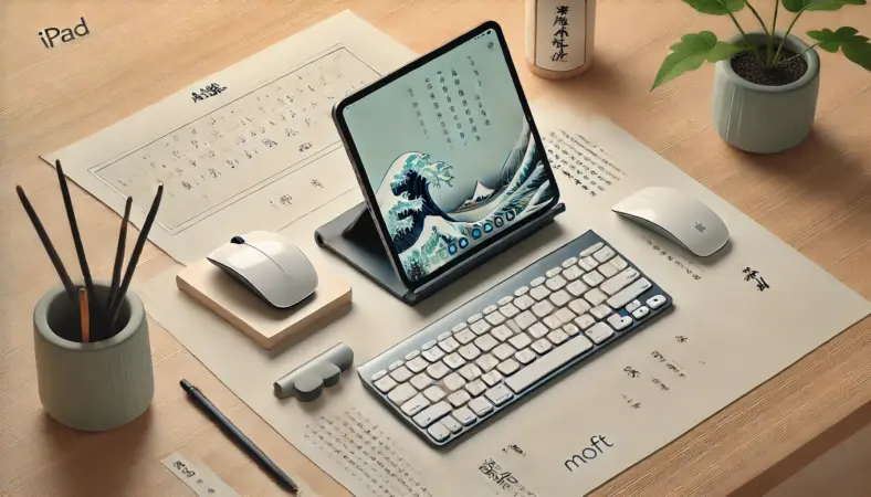 iPadをスタンドに立て、前にBluetoothキーボードと薄型マウスが配置されたミニマルなデスクのイラスト。iPadをノートパソコンのように活用するための周辺機器3点が整然と並び、作業の効率化を表現している。