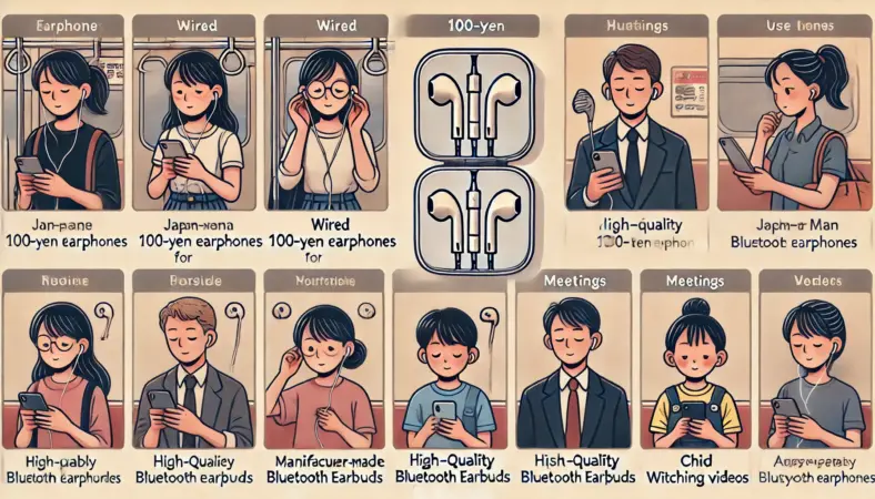 通勤中の日本人女性が100円イヤホンで音声学習を聞いており、ビジネス環境の日本人男性は高品質なBluetoothイヤホンで会議に参加、子どもは動画視聴用に安価なイヤホンを使っている様子。3つの生活シーンが分割された構図で、用途ごとのイヤホン選びを直感的に説明しているイラスト。