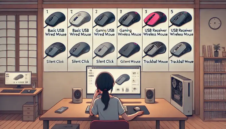 モダンな和風室内で、5種類の用途別マウス（有線マウス、静音マウス、ゲーミングマウス、USBレシーバー式無線マウス、トラックボールマウス）を比較しながら検討する日本人ユーザーのイラスト。各マウスの特徴が視覚的に分かるように配置されている。