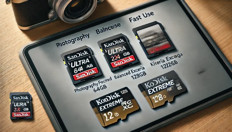 撮影スタイルに応じた3種類のSDカードが清潔なテーブルに並べられている様子。SanDisk Ultra 64GB（写真中心）、KIOXIA EXCERIA 128GB（写真と動画のバランス型）、SanDisk Extreme 128GB（動画重視）という構成が視覚的に整理されている画像。