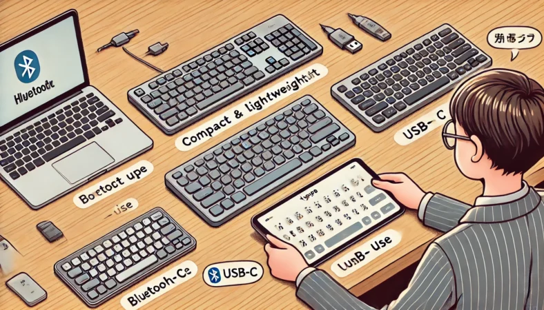 木製デスクの上に並べられた3種類の外付けキーボード（軽量コンパクト、フルサイズ、Bluetooth・USB-C・2.4GHz対応の多機能型）から、タブレットを使いながら最適なものを選ぼうとしている日本人ユーザーのイラスト。