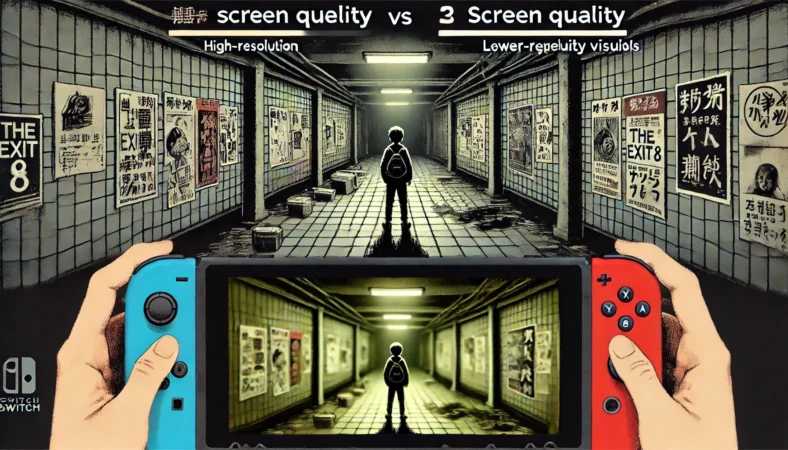 高画質のSwitch 2 Editionで『8番出口』をプレイする日本人プレイヤーのイラスト。地下通路内のポスターや床模様、照明の微妙な差異がはっきり描写され、背景には低画質環境でのぼやけた比較イメージが表現されている。