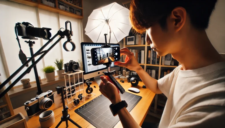 室内で日本人ユーザーがiPhoneにリグや広角レンズを取り付け、ライトの角度を調整しながら立体感のある写真を撮るための撮影環境を整えている様子。プロ並みのモバイル撮影テクニックを表現。