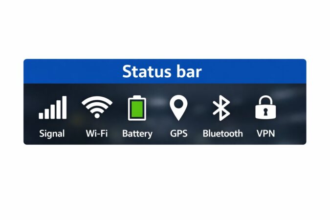 画面上部の細い帯（ステータスバー）に出るアイコンは、端末の状態を示すものが多いです。電波、Wi-Fi、電池、位置情報、Bluetooth、VPN…みたいなやつですね。