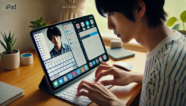iPadの画面を左右に分割し、左側でWebブラウザ、右側でメモアプリを操作している日本人ユーザーが、スタンドに設置したiPadを使って集中して作業している様子。