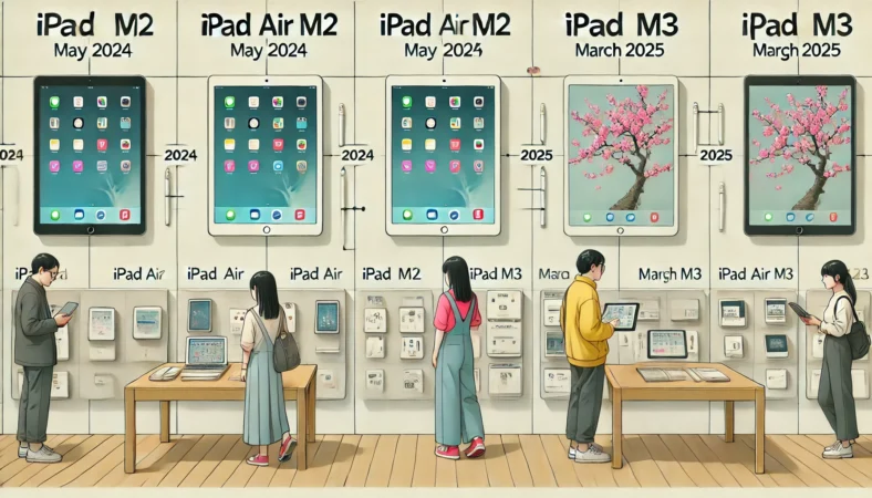日本の家電量販店の展示スペースで、iPad Air M2（2024年春）とM3（2025年春）の発売時期をイメージで表現。日本人の買い物客が価格を確認したり実機を試している様子も描かれている。