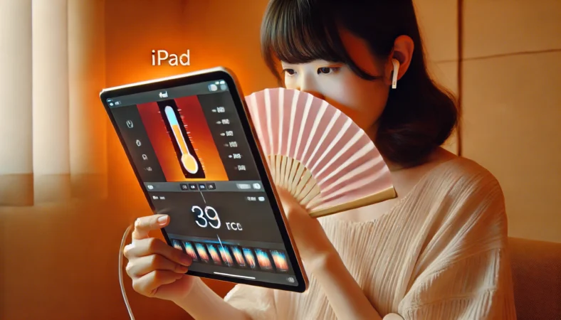 日本人女性が屋内でiPadを使用しながら、本体からの熱により不快そうに扇いでいる様子。高負荷なアプリを使用中で、充電しながらの操作による発熱を表現。