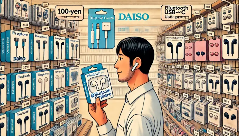 日本の100円ショップの店内で、日本人男性がBluetoothイヤホンのパッケージを手に取り、有線イヤホンや変換アダプタと比較している様子。棚には低価格なオーディオアクセサリが整然と並び、BluetoothイヤホンがiPhoneの端子問題を回避する便利な選択肢として描かれている。明るく整った店内の雰囲気が特徴的。