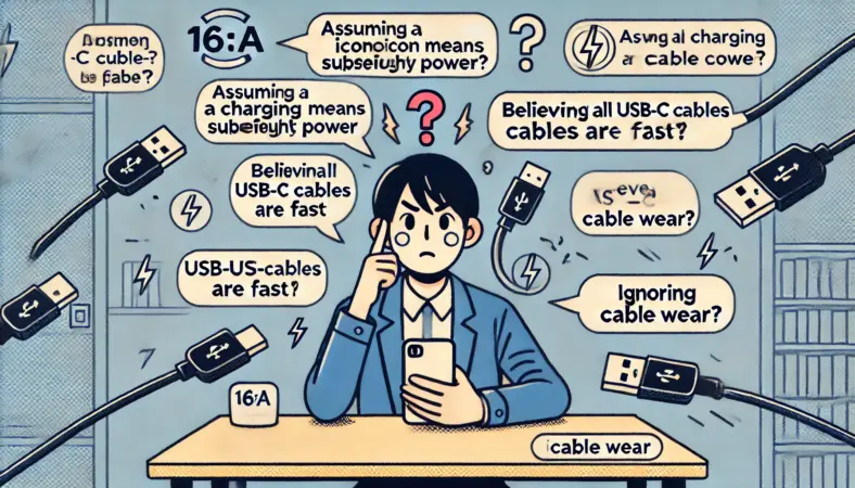 Q&Aサイトを見ながら混乱している日本人ユーザーが、スマートフォン充電に関するよくある勘違い（充電マーク＝安心、全USB-Cが速い、ケーブルは劣化しない）を象徴するアイコンに囲まれている様子のイラスト。