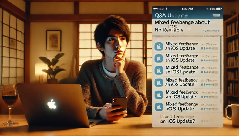 日本人ユーザーが自宅でノートパソコンとスマートフォンを使いながら、Q&Aサイトの情報を読み、iOSアップデートに関する意見を比較・検討している様子。ネットの情報に翻弄される姿を描いた場面。