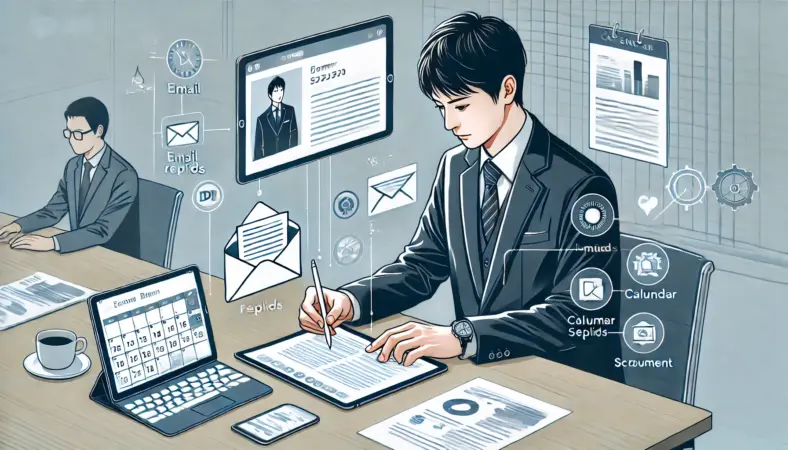 オフィスでiPadを使ってPDF資料を確認しながら、キーボードとスタイラスで議事録を取る日本人ビジネスマンのイラスト。周囲にカレンダーやメール、共有アイコンが描かれ、ビジネスでのiPad活用を表現している。