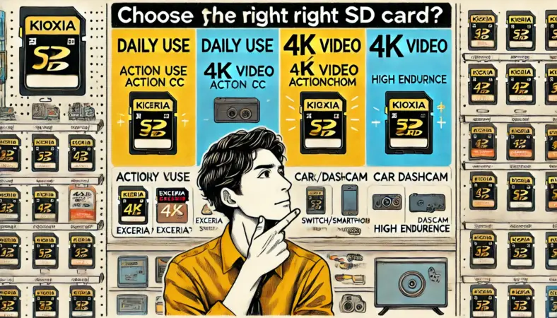 店頭のSDカード売り場で用途別（普段使い・4K動画・スマホ/Switch・ドラレコ）のKIOXIAカードを比較している日本人男性。各カードの使い分けを視覚的に案内する4つのセクションに分かれたイラスト。