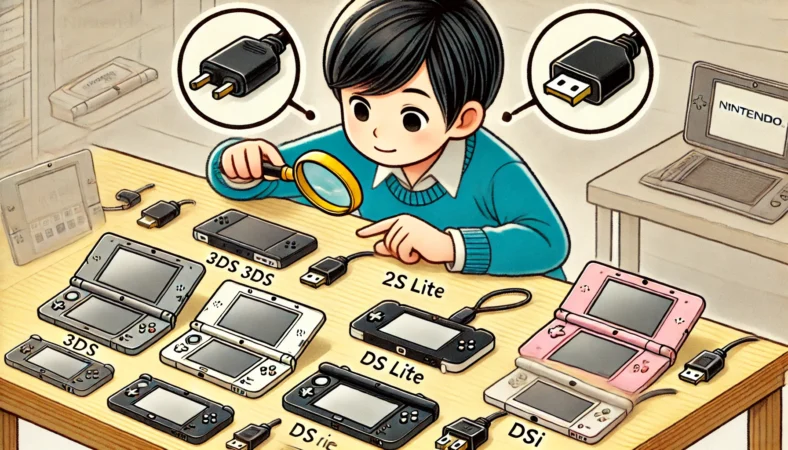日本人のユーザーが複数のNintendo携帯ゲーム機(3DS、2DS、DS Lite、DSi)を机に並べ、充電端子の形状を比較しながら確認しているイラスト。誤った充電器を使わないための視覚的なチェック場面。