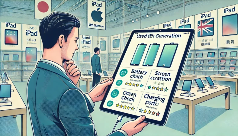 日本人男性が中古の第8世代iPadを家電量販店でチェックしている様子。バッテリー状態や画面の傷、充電ポートなどの品質ポイントを丁寧に確認しているシーンを描いたイラスト。