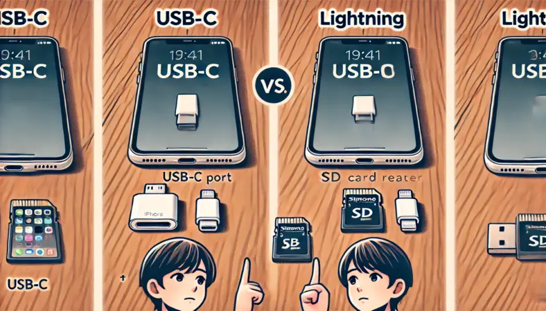 USB-CとLightningの2種類のiPhoneを並べ、それぞれに対応するSDカードリーダーを示しながら比較している日本人ユーザーのイラスト。机上には木目のデスクに端末とリーダーが整然と配置されており、端子の違いを明確に理解できる内容。