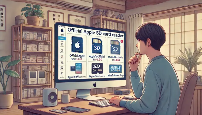 自宅でApple純正のSDカードリーダーを探して比較している日本人ユーザーのイラスト。パソコン画面にはApple公式サイト、大手家電量販店、キャリアショップのアイコンが表示され、冷静に検討している様子。和風の要素を含んだ落ち着いた室内が背景。