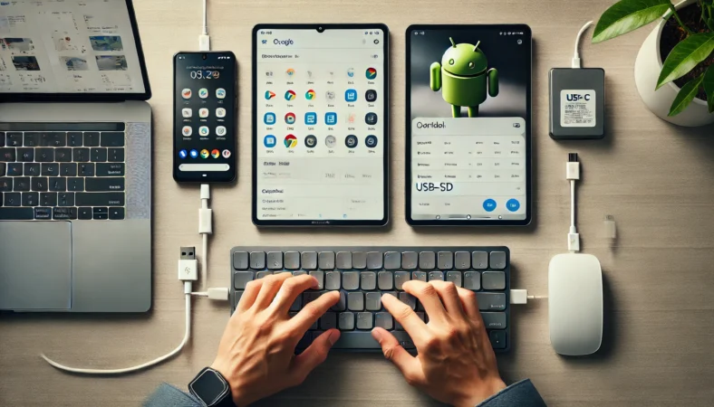 日本人ユーザーがAndroidスマホとiPadを併用し、スマホは写真・カレンダーなどの連携用途に、iPadはキーボード付きで作業に使っている最適なデュアル運用の様子。