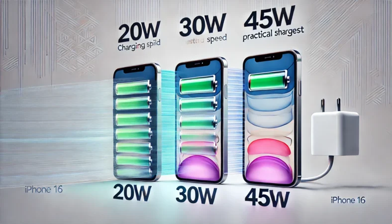20W・30W・45Wの充電器でiPhone16を充電した際のスピード感を比較したイラスト。3台のiPhoneのバッテリー残量表示が異なり、30Wがバランス良く速いことを視覚的に示している。