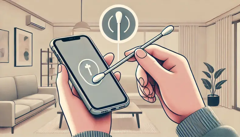 綿棒の先に丸めたアルミホイルを巻いた自作スタイラスでスマホを優しく操作する日本人の人物。画面を傷つけないように正しい持ち方で使用している様子を描いたイラスト。