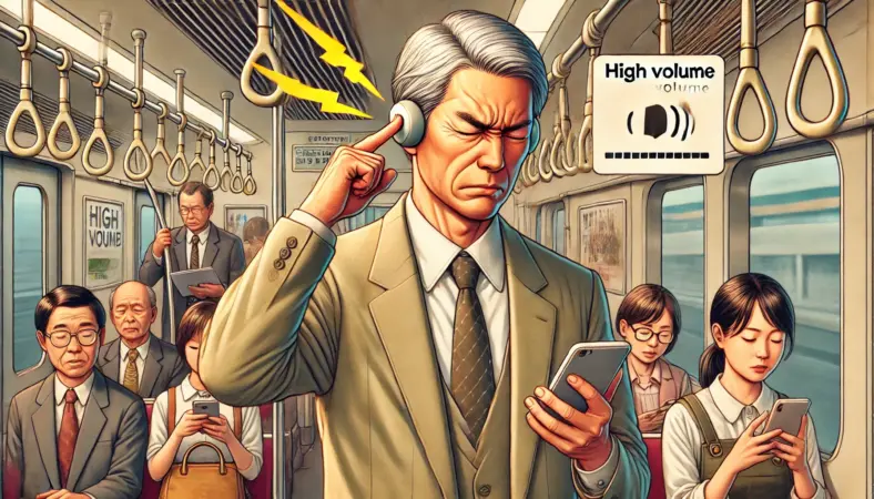 混雑した電車内で耳にイヤーカフ型イヤホンを装着し、スマートフォンの音量を上げようとしている日本人男性のイラスト。騒音により音量を上げすぎてしまうリスクを視覚的に表現。