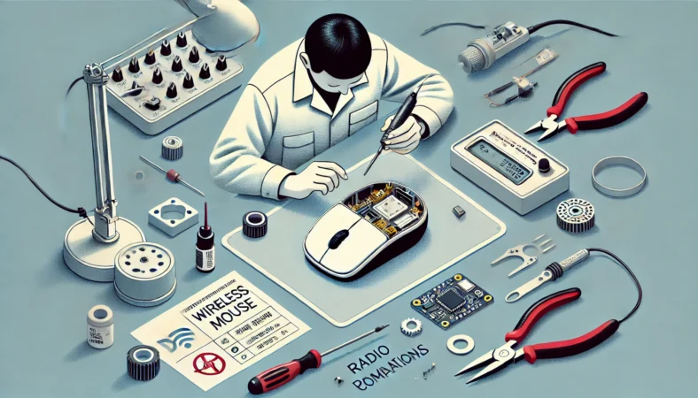 有線マウスの内部にマイコンやバッテリーを組み込み、DIYで無線化を進める日本人ホビイストの作業風景。はんだごてや工具が並ぶ清潔な作業机と、技適遵守などの安全意識を反映したイラスト。