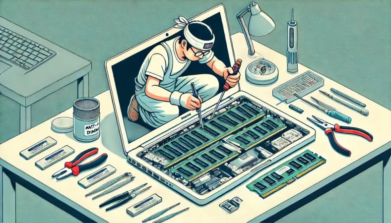 日本人が2012年の非Retina MacBook Proを開き、SO-DIMMメモリを交換しているイラスト。静電気防止リストバンドや精密ドライバーを使用し、作業手順書やツールが整理された作業スペースで丁寧に作業している様子が描かれている。