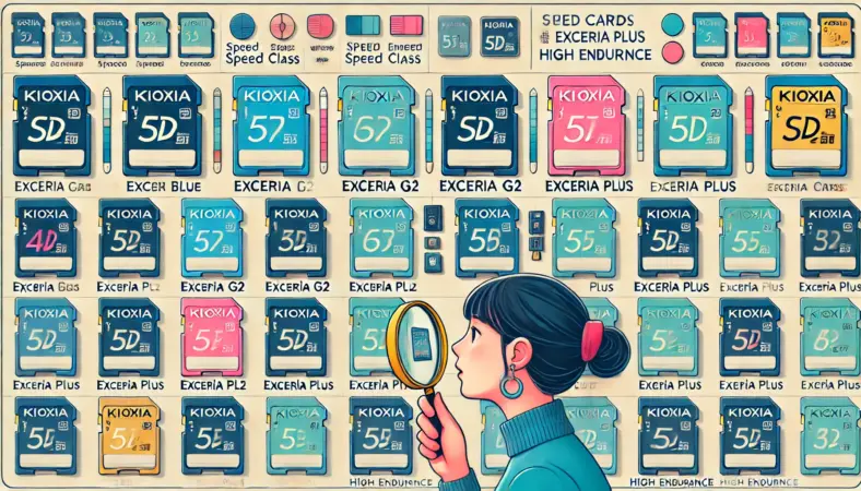 KIOXIAのSDカードを色ごとに並べ、青・ライトブルー・ピンク・緑のラベルが用途別に分類されている。日本人女性が虫眼鏡でカードのスペックや速度表示を確認している教育的なイラスト。