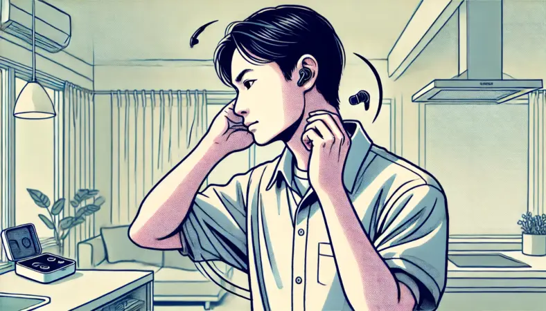 自宅でイヤーカフ型イヤホンのフィット感を確認するため、頭を振ったり軽くジャンプしたりして動きをテストする日本人女性のイラスト。耳から落ちないかを真剣にチェックしている様子。