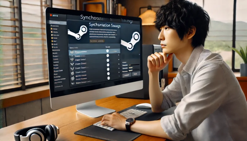 日本人男性がSteamの設定画面でCloud同期を確認している様子。実績が表示されない原因として同期トラブルを調査中。