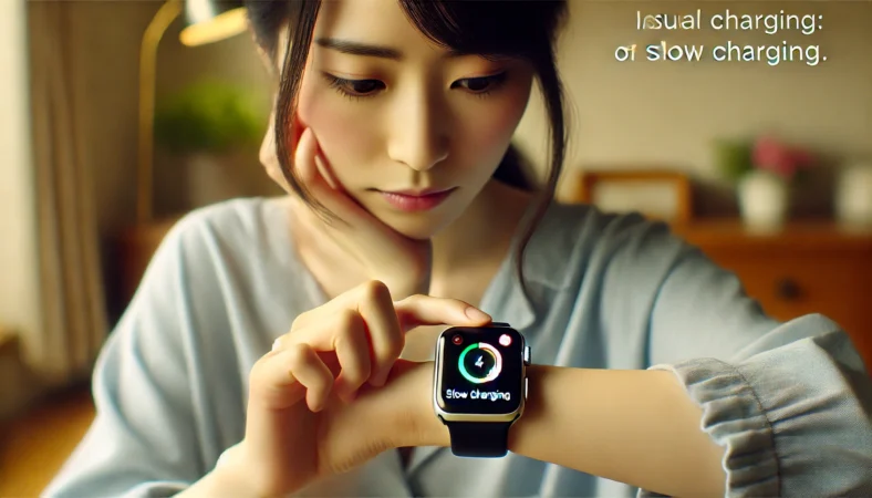 日本人女性がApple Watchの表示を見て、充電の挙動に違和感を持っている様子。画面には低速充電を示すようなアイコンやリングの挙動が見られ、表示から原因を見分けようとしている場面。