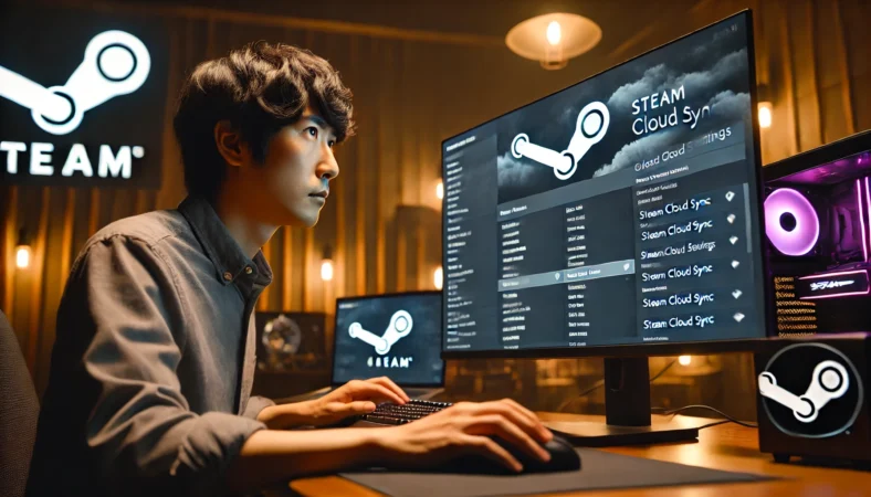日本人男性がゲーミングデスクに座り、Steamの設定画面でCloud同期を確認している様子。部屋はLEDで淡く照らされ、真剣な表情で画面を見つめている。
