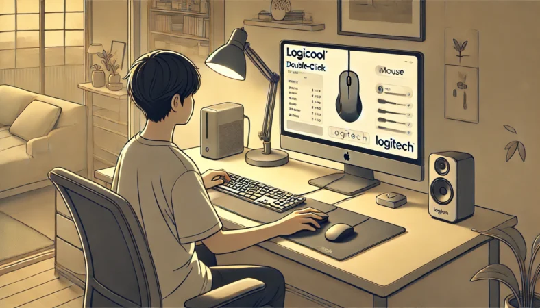 現代的な日本のホームオフィスで、デスクトップPCを使用しながらLogicool設定ソフトを操作してマウスの誤動作を検証している日本人の人物のイラスト。デスク上には2台のマウスが並んでおり、落ち着いた照明とミニマルな空間が描かれている。