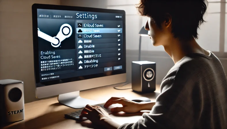 日本のPCユーザーがSteamの設定画面でクラウドセーブのオン/オフを確認している場面。