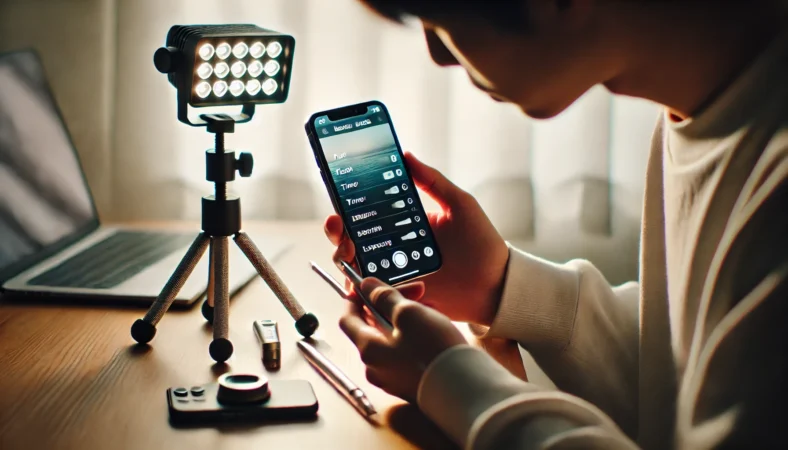静かな室内でiPhoneカメラの設定を整理している日本人ユーザーと、シンプルな撮影機材を用いた最適な撮影環境