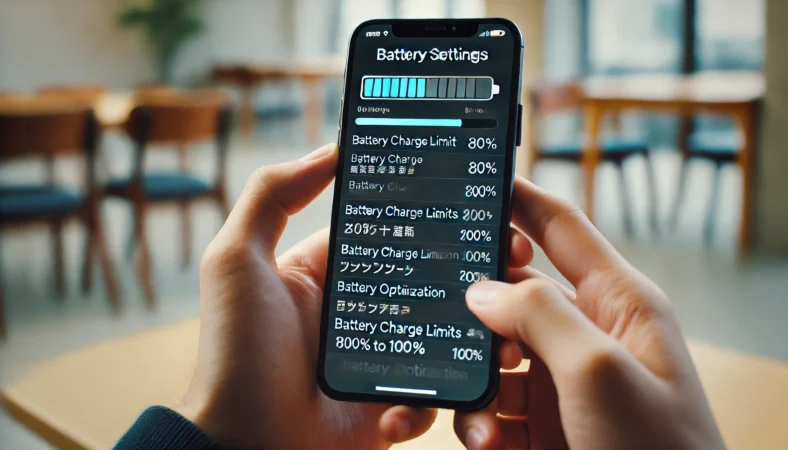 日本人の手がiPhone16のバッテリー設定画面を操作し、充電上限と最適化設定を確認している場面。落ち着いた室内で、設定見直しによる解決を示唆している。