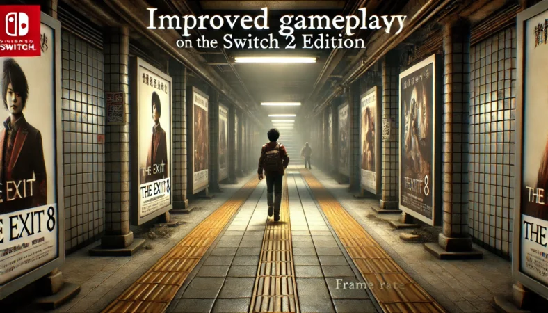 『8番出口』をSwitch 2 Editionでプレイし、画質向上による快適さを体感している日本人プレイヤーのイラスト。明るく高精細な地下通路で、小さな異変に気づいた様子が描かれており、背景には旧画質との比較がぼんやりと表現されている。観察ゲーとしての満足感が伝わる構図。