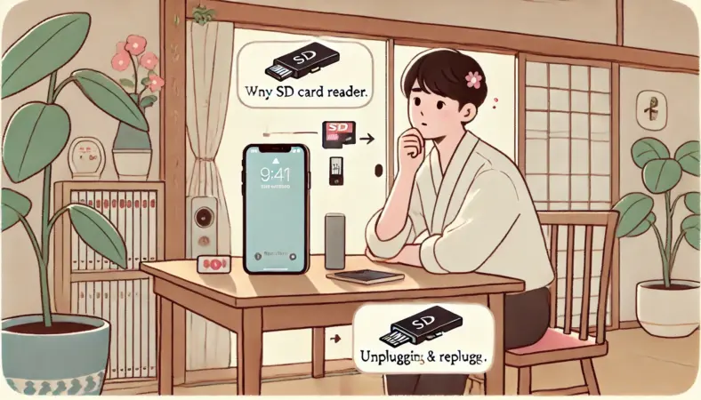 日本人のユーザーが、iPhoneとSDカードリーダーの接続を確認するためにSDカードを挿し直している様子のイラスト。木製の机の上にiPhoneとカードリーダーがあり、室内の落ち着いた雰囲気でトラブルの原因を確認している場面を描いている。