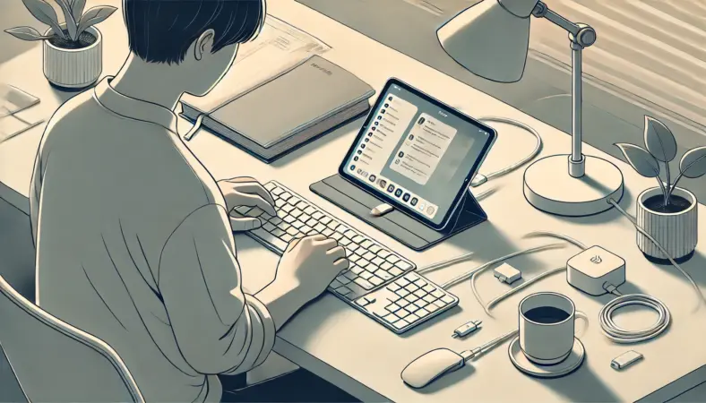 USB-CケーブルでiPadと有線キーボードを直結し、シンプルな作業環境で集中して作業している日本人ユーザーのイラスト。変換アダプタを使わない安定接続が強調されている。