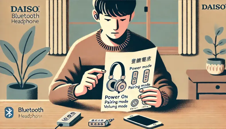 ダイソーのBluetoothヘッドホンの説明書を読みながら、操作方法を確認している日本人男性のイラスト。机の上にはスマートフォンと充電ケーブルもあり、室内で落ち着いてセットアップしている様子。