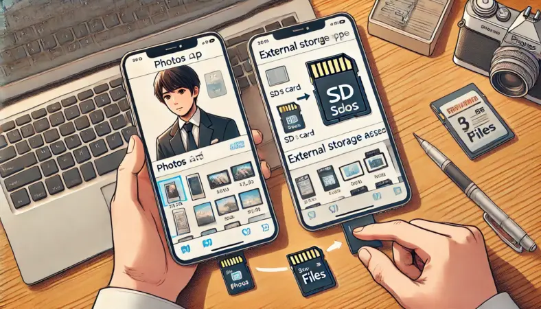 iPhoneの「写真」アプリと「ファイル」アプリを使って、SDカード内のデータを取り込んだり整理したりしている日本人ユーザーのイラスト。木目調のデスク上にiPhoneとカードリーダーがあり、落ち着いた室内でテクノロジーに集中している様子が描かれている。