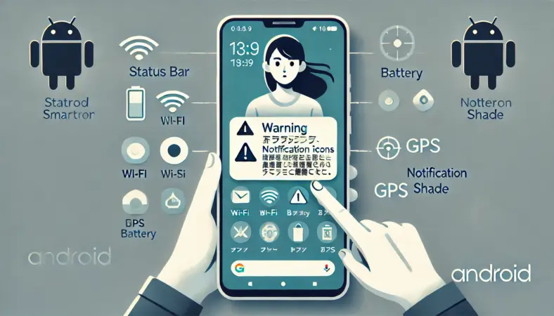 日本人のユーザーがAndroidスマートフォンのステータスバーと通知シェードを確認し、警告アイコンの位置と意味を見極めている様子のイラスト。Wi-Fiや電池アイコンと並び、通知に警告マークが表示されている。