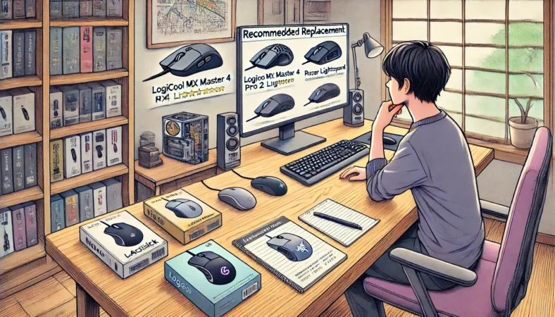 日本人の人物が、Logicool MX Master 4やPRO 2 LIGHTSPEEDなど複数のマウスモデルを比較しながら、買い替え候補をパソコン画面で調査しているイラスト。デスクにはマウスのパッケージや比較メモが並び、整った明るいホームオフィス環境で冷静に選定を行っている様子が描かれている。