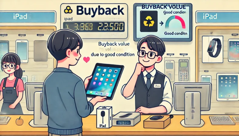 日本人がiPadと付属品を持って家電量販店の買取カウンターで査定を受けている様子。店員が査定中で、iPadの状態が良く買取価格が上がっていく場面が描かれている。買い替えのタイミングを逃さないことの重要性が伝わるイラスト。