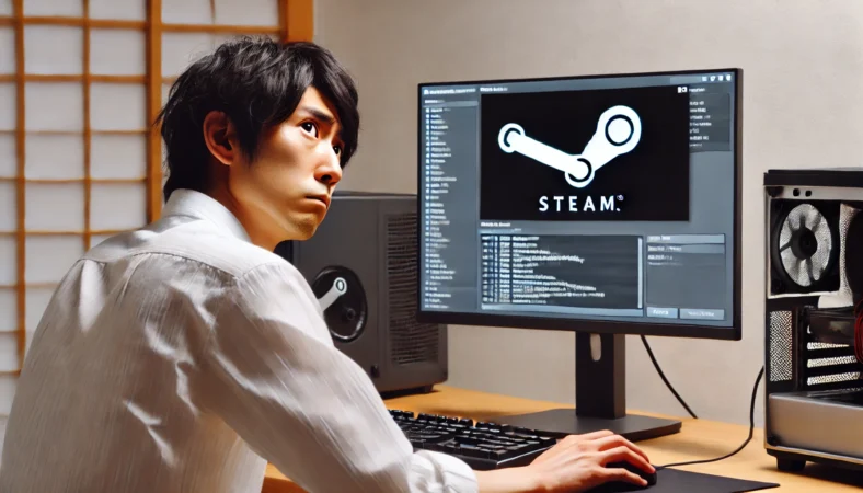 日本人男性がSteamが起動しない問題に直面し、白い画面のSteamウィンドウを前に困惑しながらタスクマネージャーや再起動を試している様子。モダンなPC環境で、トラブルシューティング中の雰囲気。