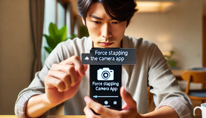 Androidスマートフォンのカメラアプリが起動しない問題に対処する日本人男性。設定画面でアプリを強制停止している様子。現代的な室内で落ち着いてトラブル対応しているシーン。
