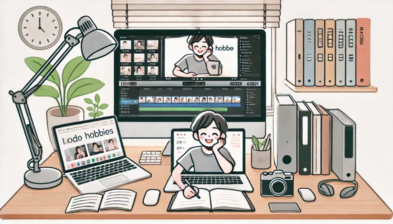 MacBookで写真編集や動画編集、ブログ執筆、学習など趣味活動を楽しむ日本人ユーザーの様子を描いたイラスト。外部モニターやSSDも活用されている