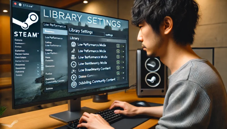 日本人男性がSteamライブラリの設定画面で、低パフォーマンスモードや低帯域幅モード、コミュニティコンテンツの無効化などのオプションを有効にしてSteamの動作を軽くしようとしている場面。
