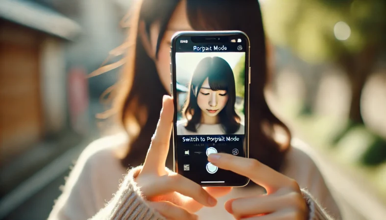 日本人ユーザーが屋外でiPhoneを操作し、カメラアプリ内でポートレートモードにスワイプして切り替えている様子。背景は自然なボケが入り、使いやすさが伝わる構図。