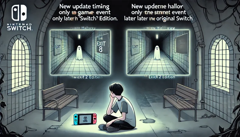 追加コンテンツの反映時期の違いをイメージしたイラスト。Switch 2で遊ぶ日本人プレイヤーの背後に、先行追加された異変イベントと、後から旧Switchにも反映される同じイベントのゴースト状のビジュアルが描かれている。地下通路の暗い雰囲気が全体を包む。